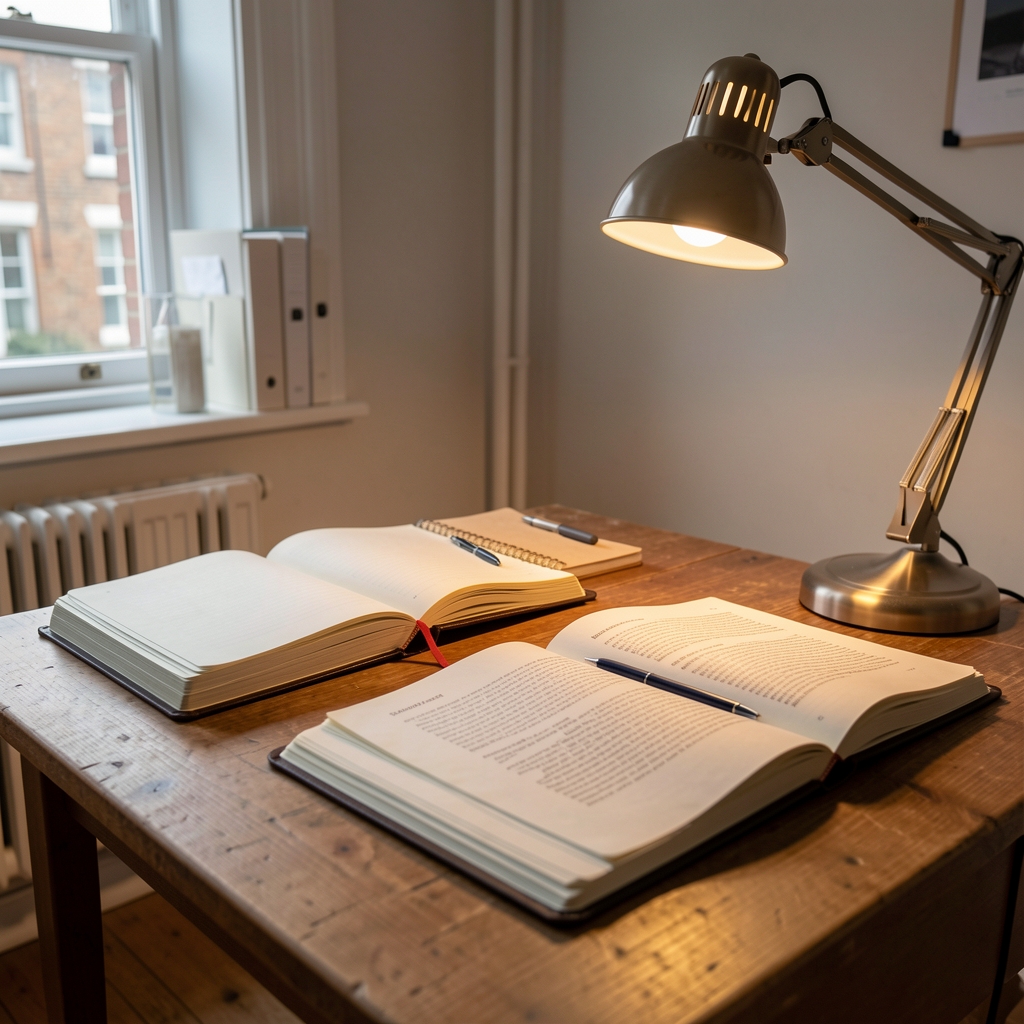 Quiet editorial workspace with a writing desk, open notebooks stacked neatly, a lamp casting warm light on printed research pages in a calm London studio environment