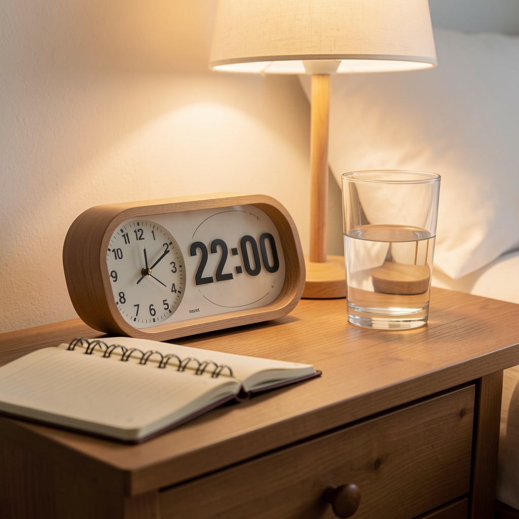 Close-up of a bedside clock showing 22:00 next to a glass of water and an open notebook on a wooden nightstand with warm lamplight